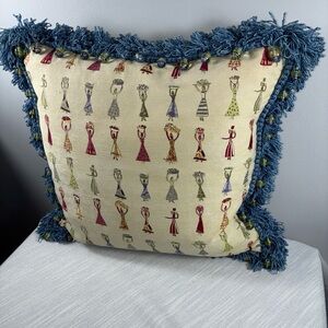 Boho Folk Art Accent Pillow Beaded Fringe Down Feather Tapestry Style